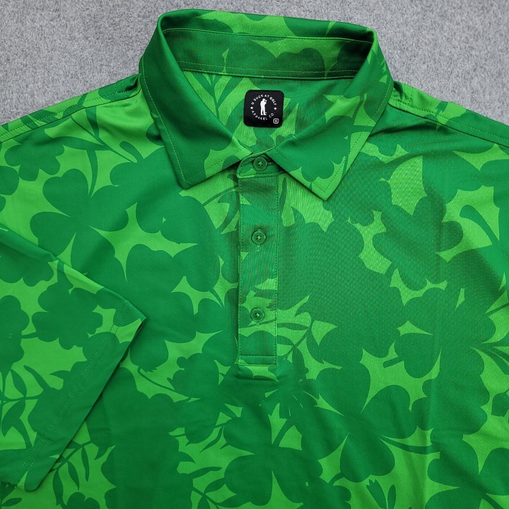 USAG Polo Shirt Mens XL Green Shamrock Clover AOP U Suck At Golf Performance
